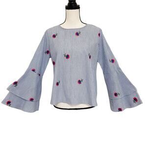 Emma & Olivia Nautical Stripe Floral Embroidery Bell Sleeve Red White Blue Small